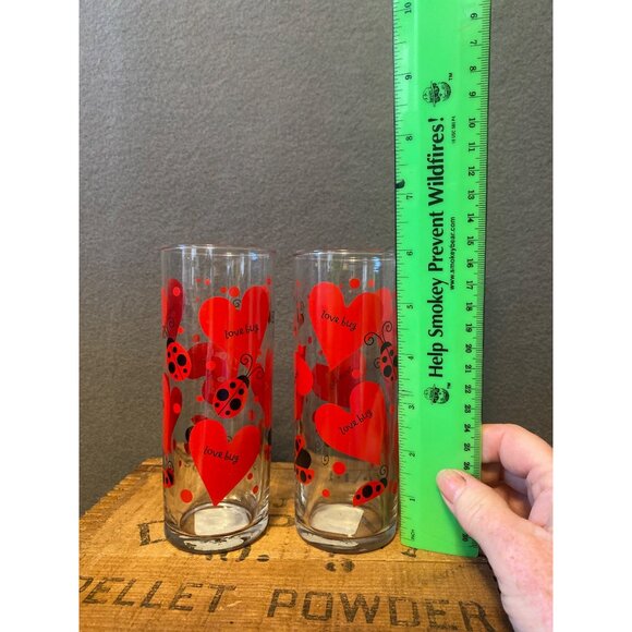 Set of 2 Anchor Hocking Love Bug Drinking Glasses Red Black Valentines Hearts - Picture 2 of 5